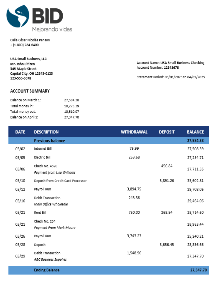 Modèle Word et PDF de relevé de compte professionnel BID